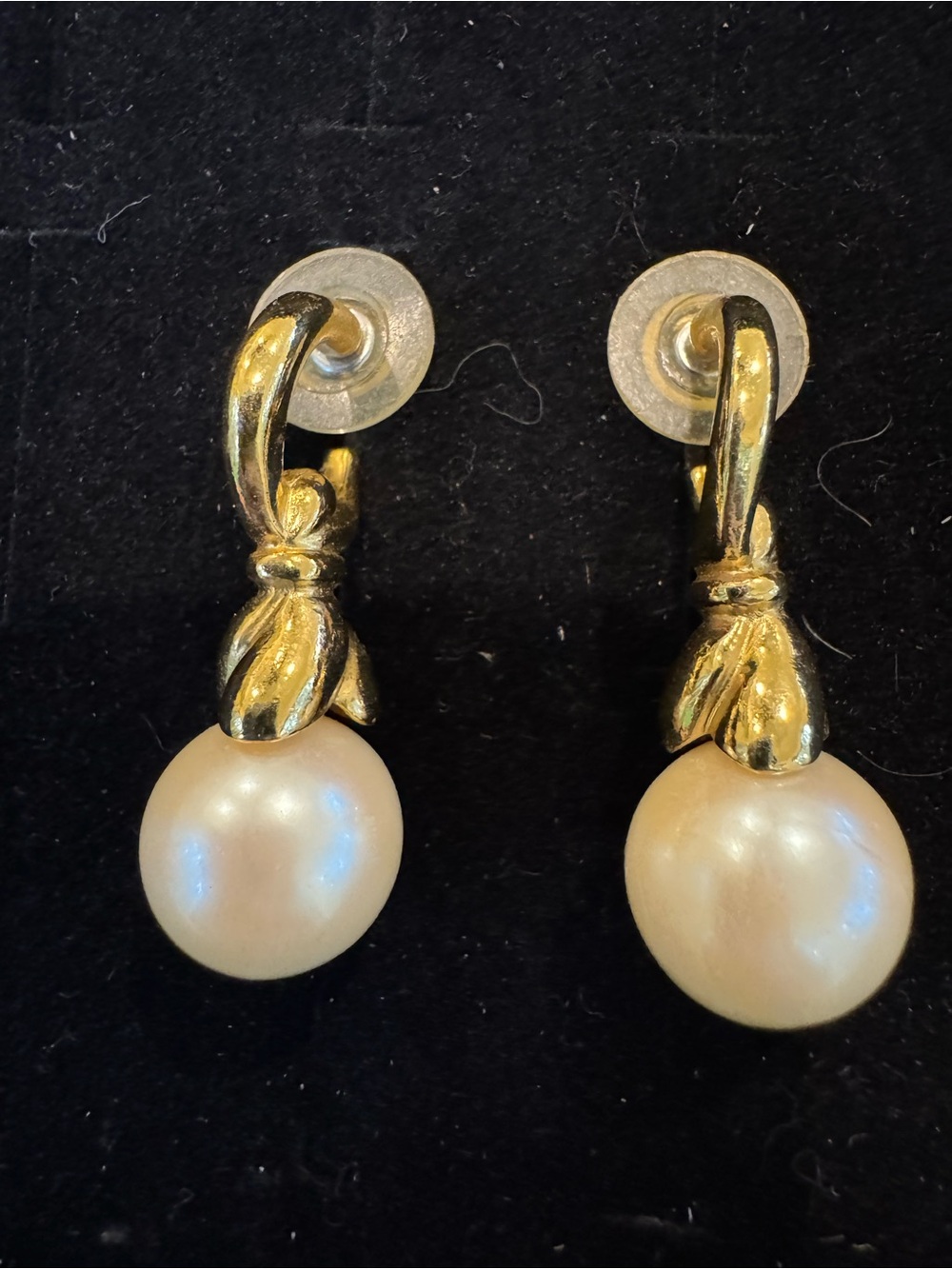 Gold Tone Bow Knot Faux Pearl Drop Dangle Earrings Vintage Style